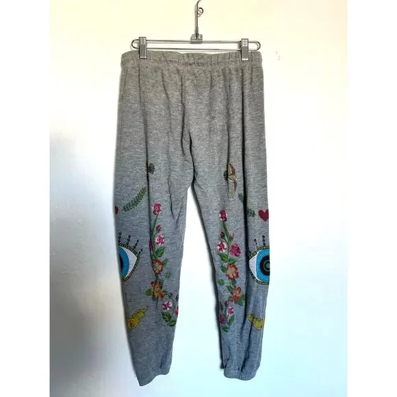 Lauren Moshi Pants Small Joggers Floral Evil Eye Gray Lightweight Sweatpants - Picture 3 of 8